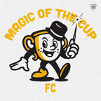 Logo of 'Magic of the Cup FC' with a character holding a trophy and a sparkler on a light gray background.