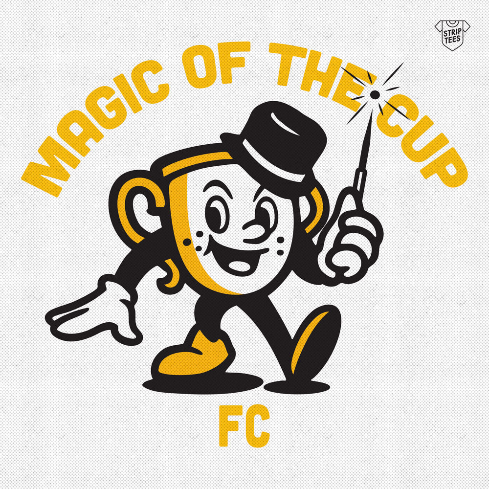 Logo of 'Magic of the Cup FC' with a character holding a trophy and a sparkler on a light gray background.